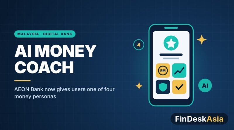 Illustration of a banking app with four money persona tiles and an AI badge
