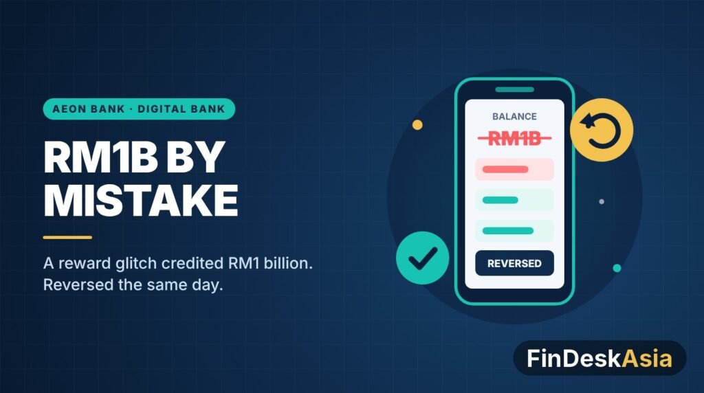 Illustration of a phone banking app showing a crossed-out RM1B balance marked reversed