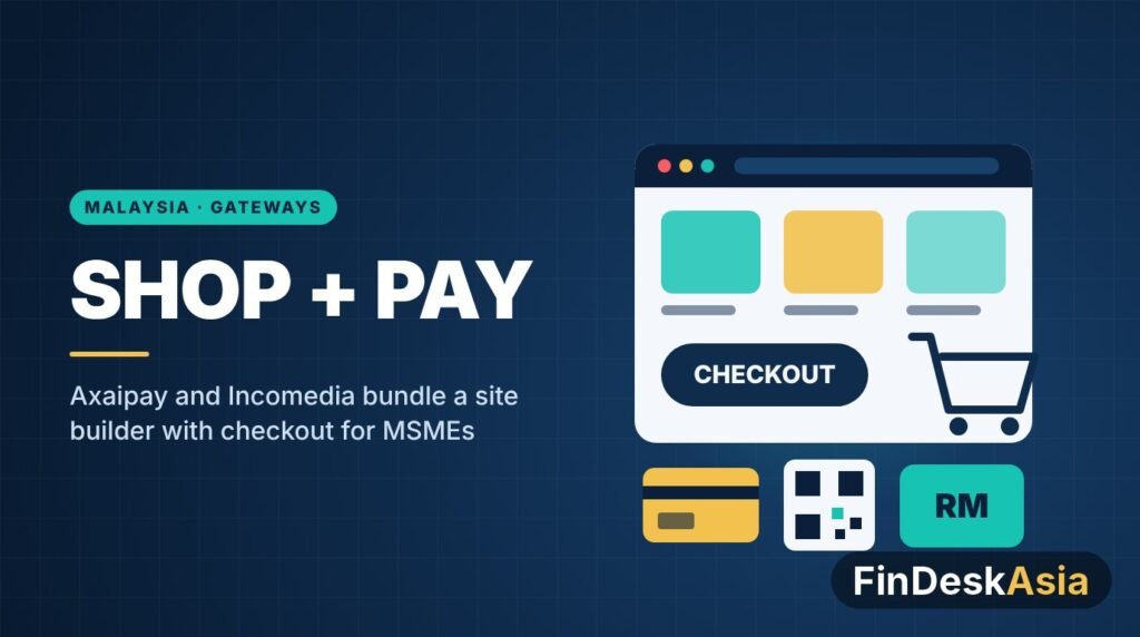 Illustration of an online shop window with a checkout button, shopping cart, bank card, QR code and ringgit icon