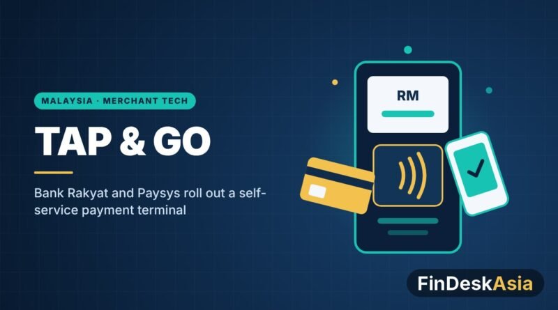 Illustration of a self-service contactless payment terminal with a card and phone