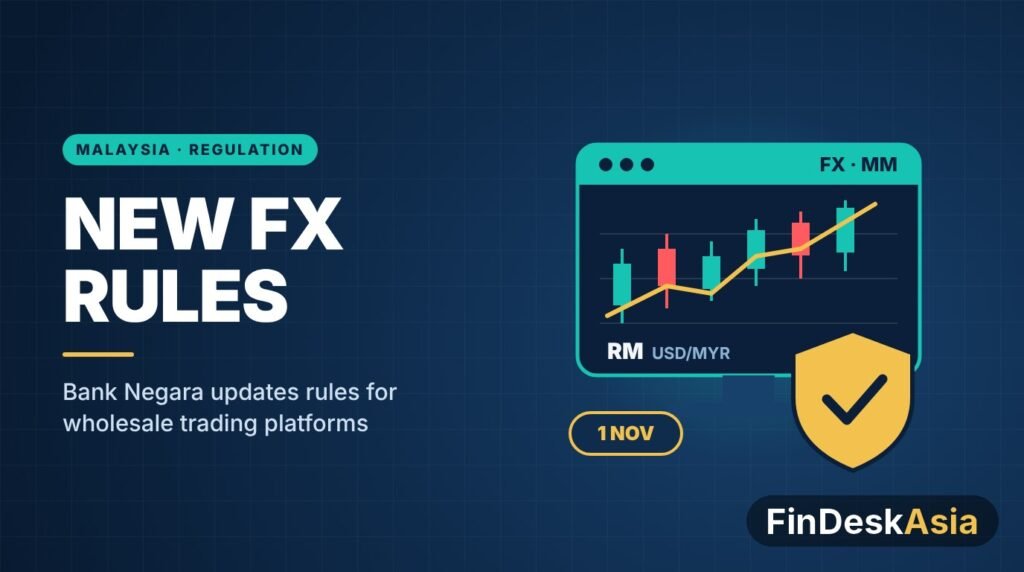 Illustration of an FX trading screen with a ringgit chart, a security shield and a 1 November date tag
