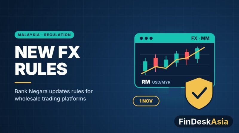 Illustration of an FX trading screen with a ringgit chart, a security shield and a 1 November date tag
