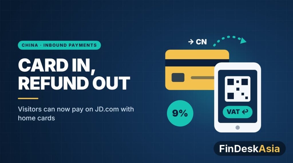 Illustration of an overseas bank card linked to a phone wallet with a VAT refund badge, for China inbound payments