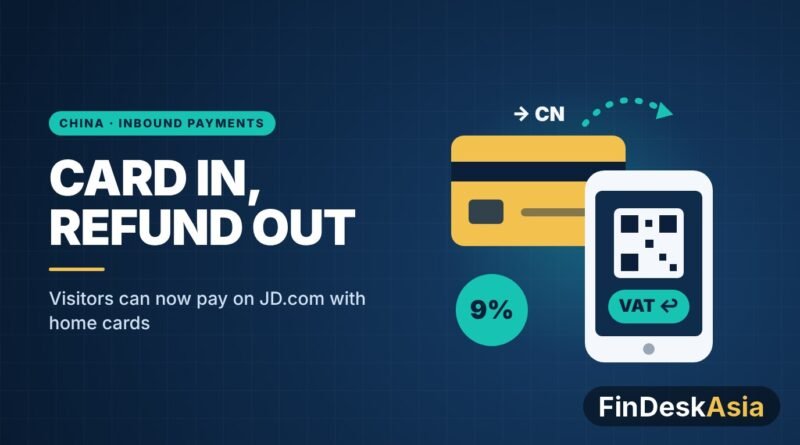 Illustration of an overseas bank card linked to a phone wallet with a VAT refund badge, for China inbound payments
