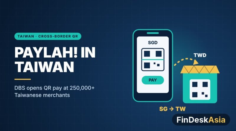 Illustration of a phone paying a Taiwanese shop by QR code, Singapore dollars to Taiwan dollars