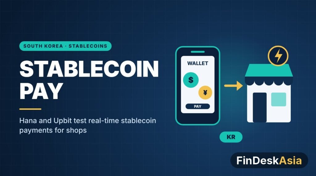 Illustration of a phone wallet holding dollar and yen stablecoins paying a shop with instant settlement, South Korea
