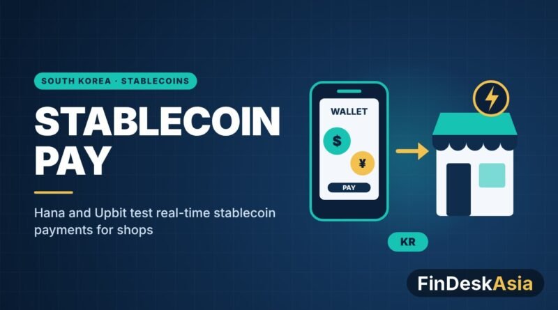 Illustration of a phone wallet holding dollar and yen stablecoins paying a shop with instant settlement, South Korea