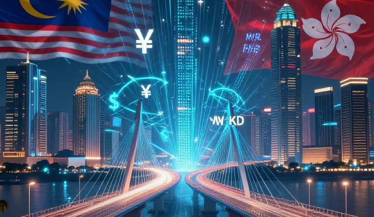 Editorial illustration representing digital bridge between Malaysia and Hong Kong