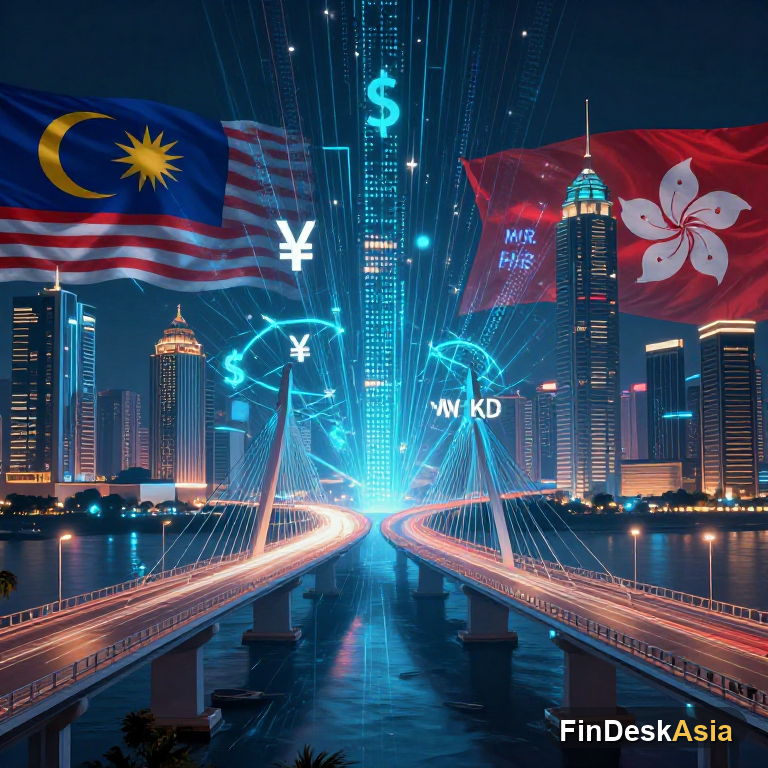 Editorial illustration representing digital bridge between Malaysia and Hong Kong