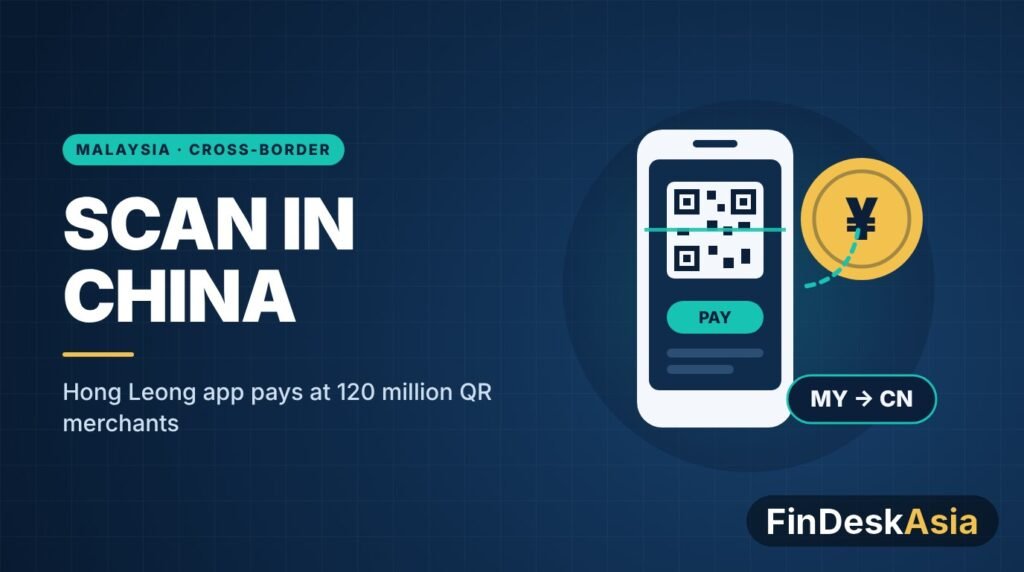 Illustration of a phone scanning a QR code to pay in China with a yuan coin and MY to CN label