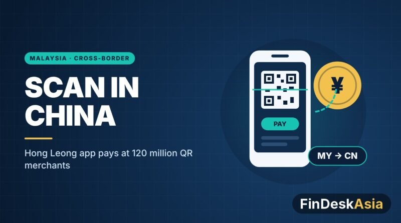 Illustration of a phone scanning a QR code to pay in China with a yuan coin and MY to CN label