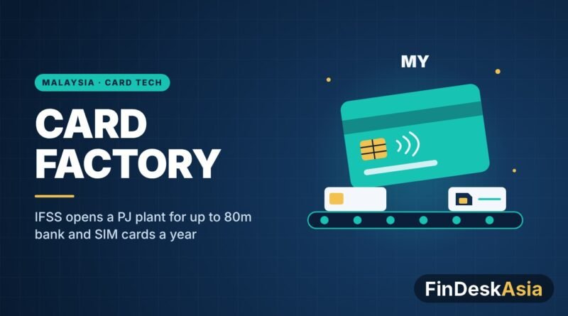 Illustration of a contactless chip bank card and SIM card on a production conveyor, for IFSS Malaysia card plant story
