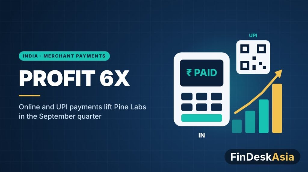 Illustration of a payment terminal, a UPI QR code and rising bar chart for Pine Labs quarterly profit growth