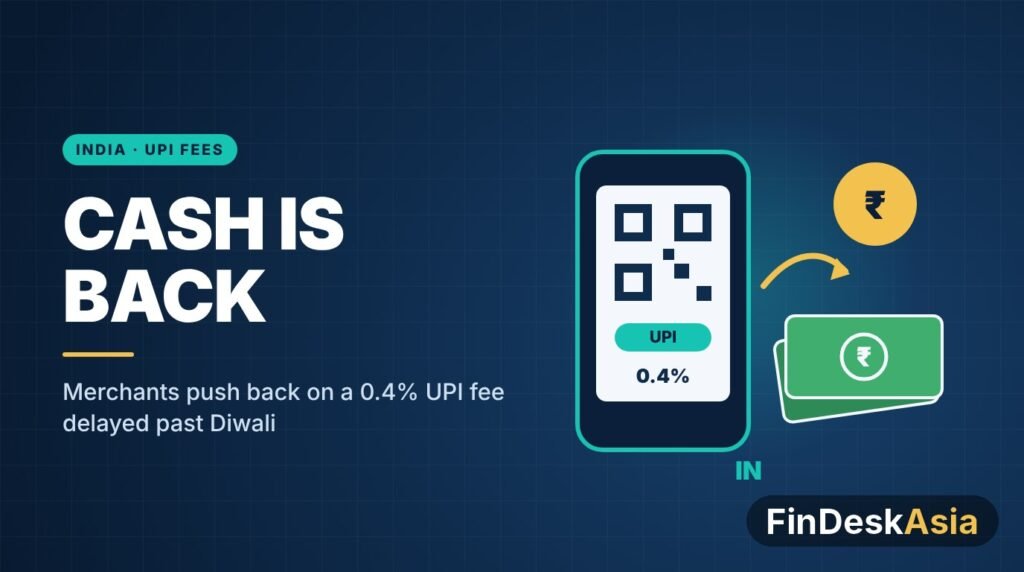 Illustration of a phone showing a UPI QR code with a 0.4% fee and rupee banknotes, for a story on India’s delayed UPI merchant fee