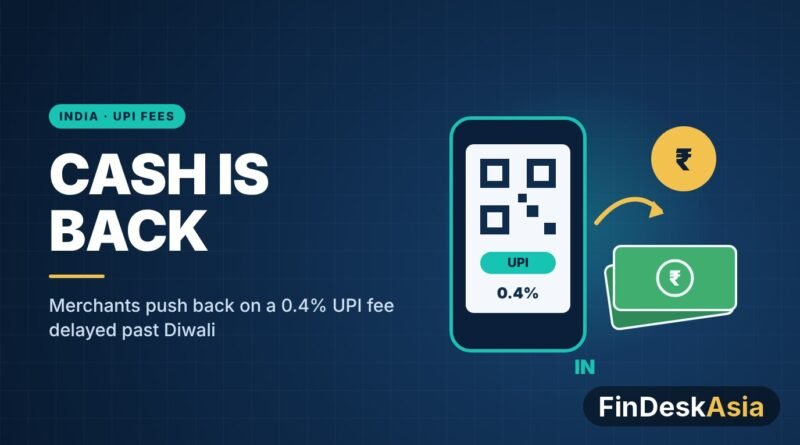 Illustration of a phone showing a UPI QR code with a 0.4% fee and rupee banknotes, for a story on India’s delayed UPI merchant fee