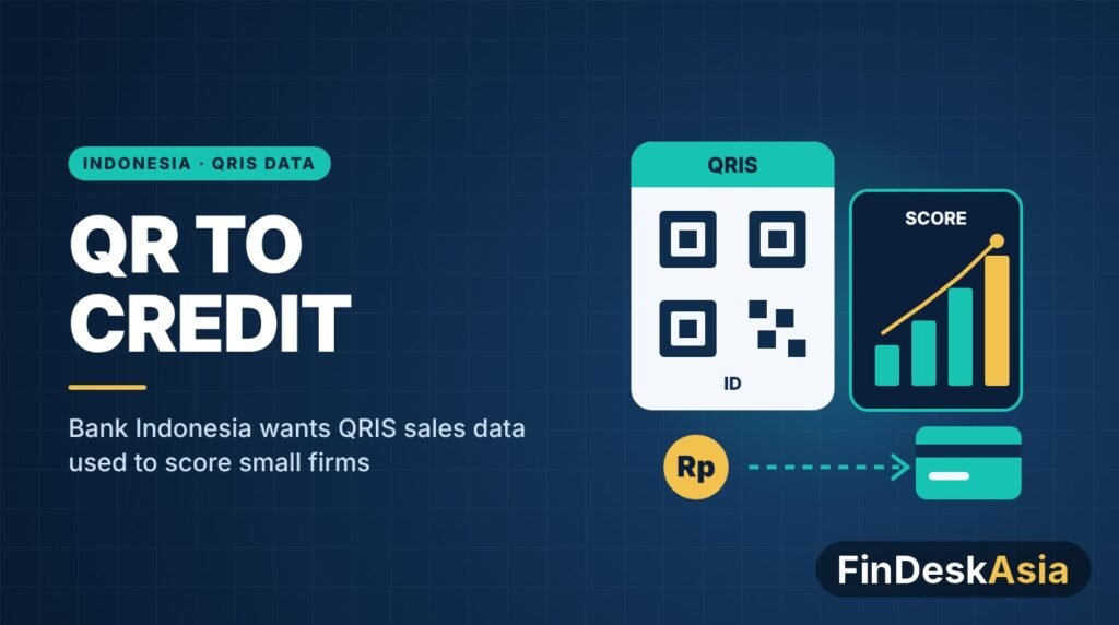 Illustration of a QRIS payment code next to a rising credit score chart