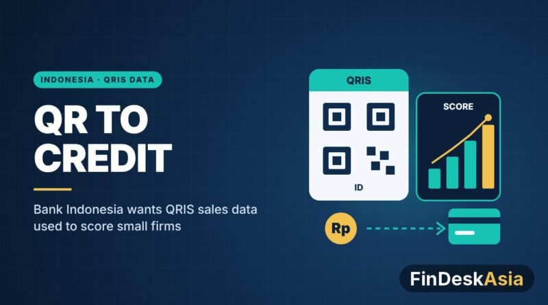 Illustration of a QRIS payment code next to a rising credit score chart
