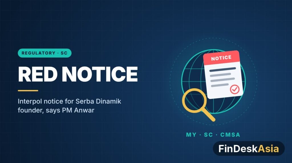 Red Notice illustration: globe, notice document and magnifying glass