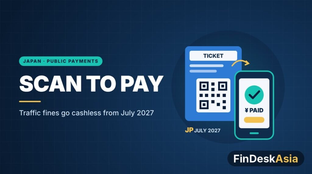 Illustration of a Japanese traffic ticket with a QR code being paid on a smartphone