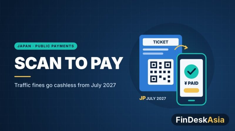 Illustration of a Japanese traffic ticket with a QR code being paid on a smartphone