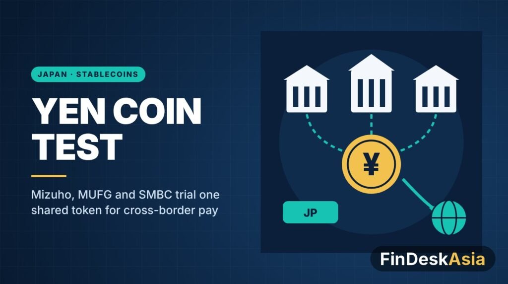 Illustration of three bank buildings linked to a single gold yen coin and a globe, representing a jointly issued yen stablecoin for cross-border payments
