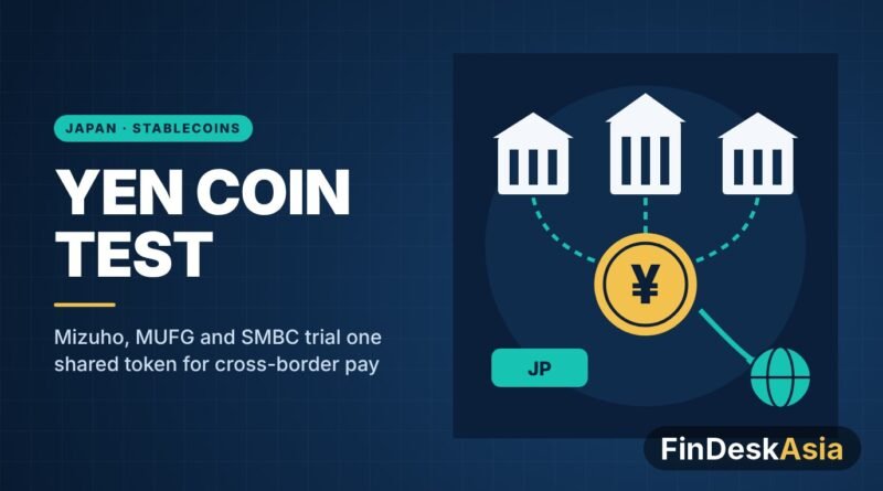 Illustration of three bank buildings linked to a single gold yen coin and a globe, representing a jointly issued yen stablecoin for cross-border payments
