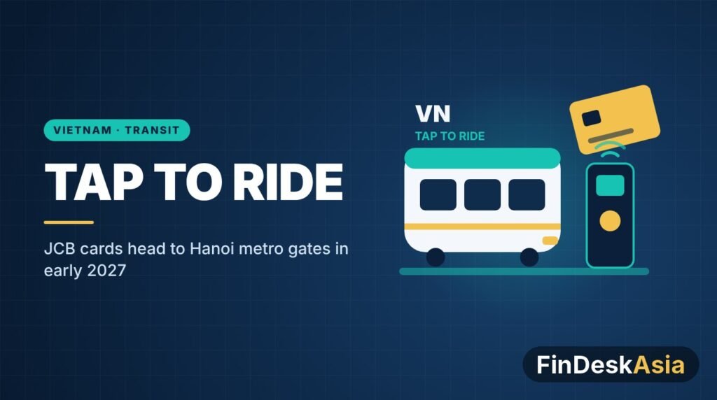 Illustration of a metro train and a contactless card tapping a fare gate, for JCB transit in Hanoi