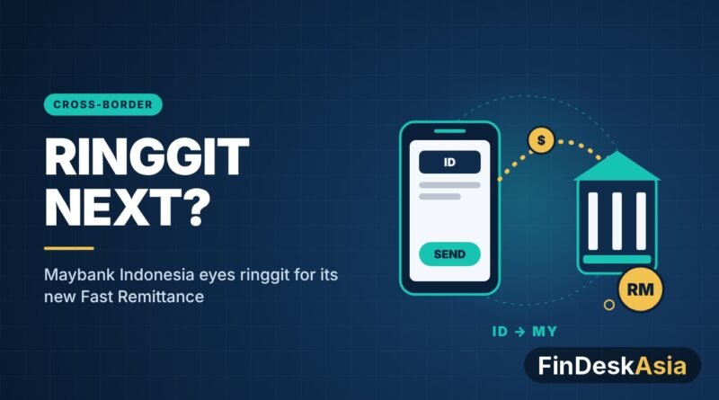 Illustration of a phone sending money across a dotted arc to a bank with a ringgit coin