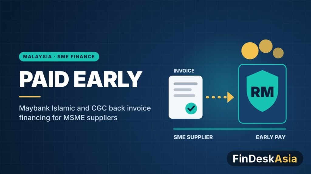 Illustration of an approved invoice turning into an early ringgit payment backed by a guarantee shield