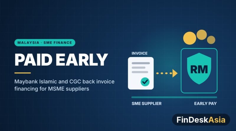 Illustration of an approved invoice turning into an early ringgit payment backed by a guarantee shield