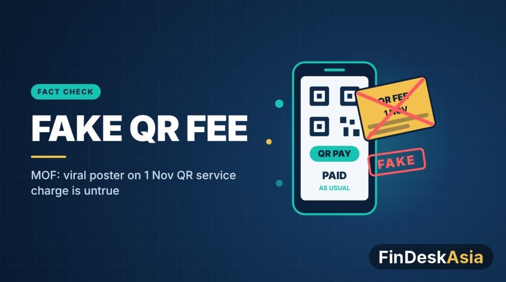 Illustration of a phone paying by QR code next to a crossed-out QR fee poster stamped fake