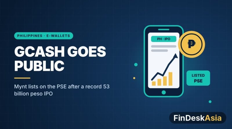 Illustration of a phone wallet with a rising chart and peso coin for the GCash Mynt IPO on the Philippine Stock Exchange