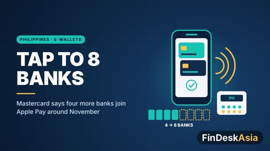 Illustration of a phone wallet tapping a card terminal, with four of eight bank slots filled, for Apple Pay in the Philippines