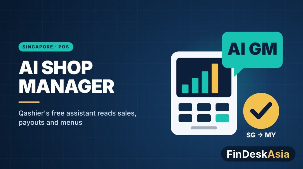Illustration of a POS terminal with a sales chart and an AI GM chat bubble for Qashier’s QashierGM