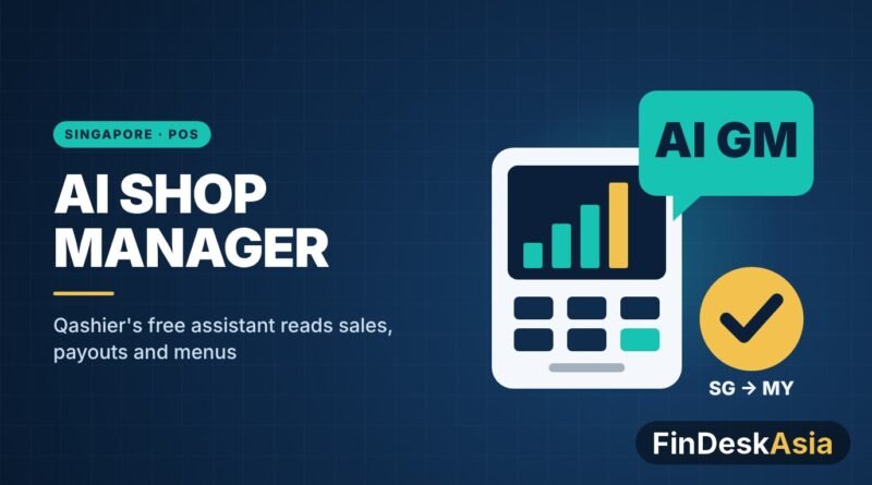 Illustration of a POS terminal with a sales chart and an AI GM chat bubble for Qashier’s QashierGM