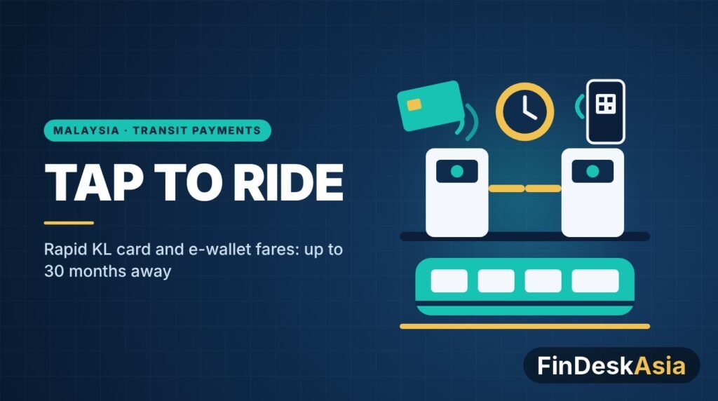 Illustration of fare gates accepting a contactless card and phone above a Rapid KL-style train
