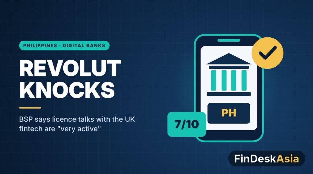 Illustration of a phone showing a bank icon with a PH label and a 7/10 badge, for Revolut’s Philippine digital bank licence talks