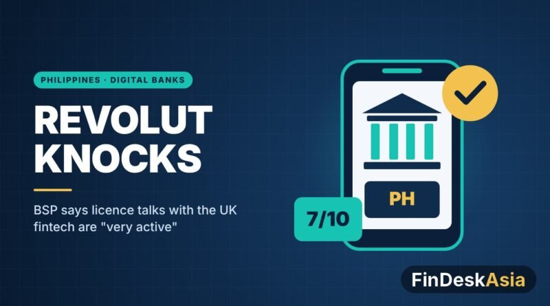 Illustration of a phone showing a bank icon with a PH label and a 7/10 badge, for Revolut’s Philippine digital bank licence talks