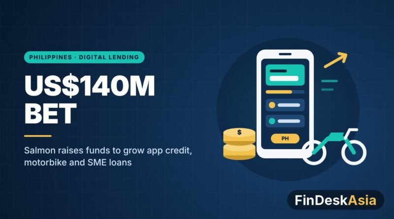Illustration of a lending app on a phone beside coins and a motorcycle, for Salmon’s US$140 million Philippines funding