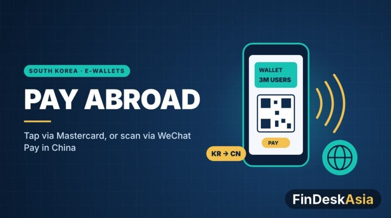 Illustration of a phone wallet paying abroad by tap and QR code, for Samsung Wallet Money going overseas