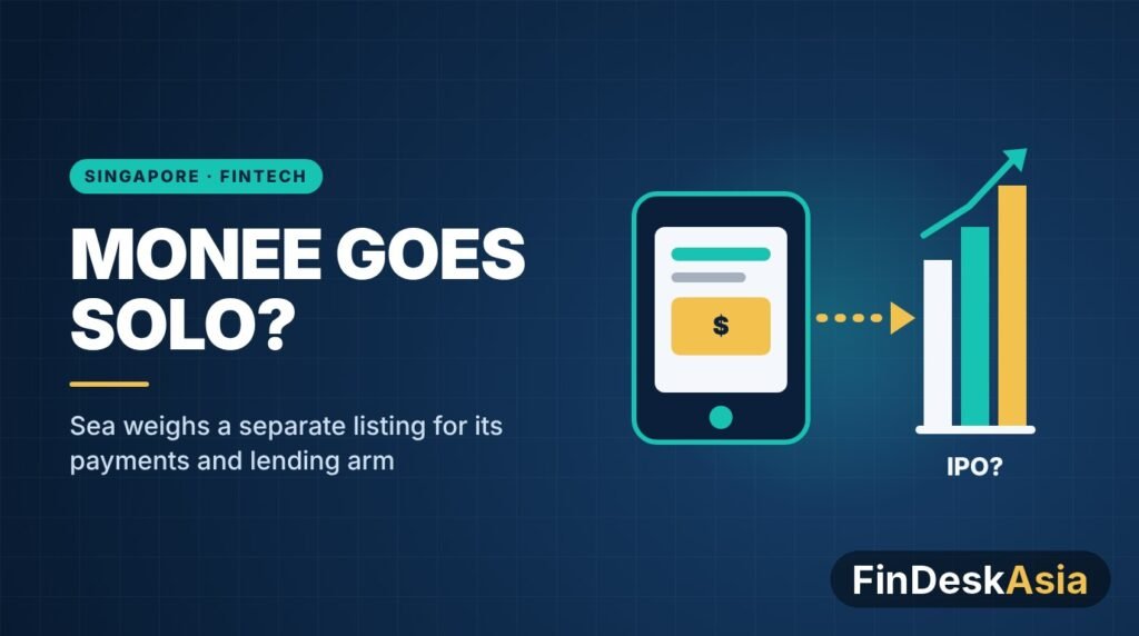 Illustration of a phone wallet linked to a rising bar chart, for Sea weighing a Monee listing
