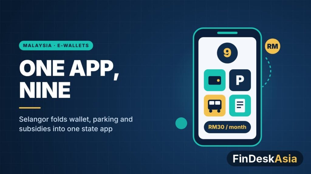 Illustration of a phone showing the Selangor NINE super app with e-wallet, parking, transport and bill icons