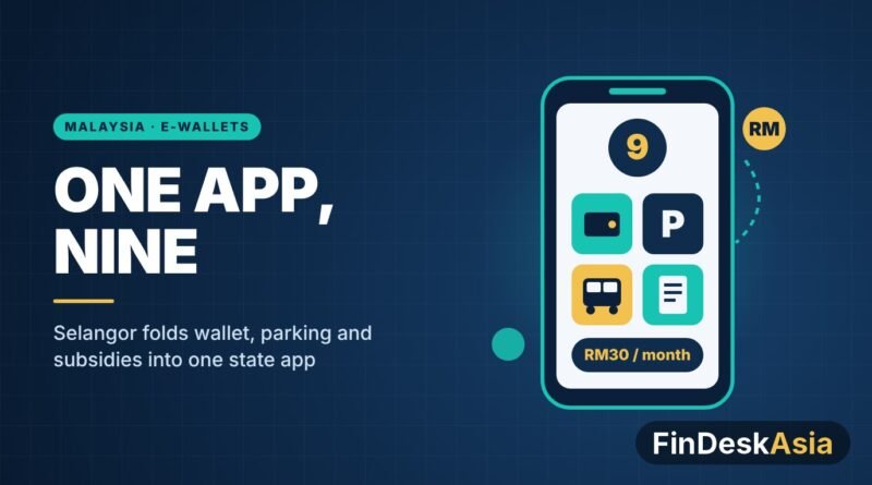Illustration of a phone showing the Selangor NINE super app with e-wallet, parking, transport and bill icons
