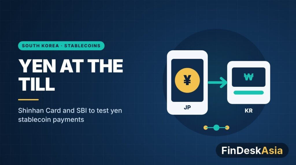 Illustration of a phone paying with a yen coin to a Korean won payment terminal