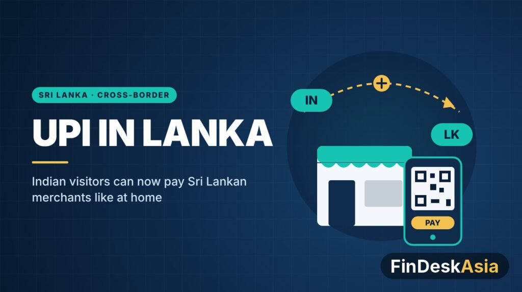 Illustration of a Sri Lankan shop accepting an Indian UPI QR payment