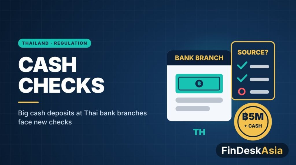 Illustration of a Thai bank branch checking the source of a 5 million baht cash deposit