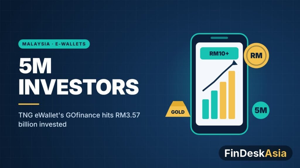Illustration of a phone showing rising investment bars, gold bar and ringgit coin for TNG eWallet GOfinance reaching 5 million investors