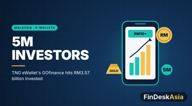 Illustration of a phone showing rising investment bars, gold bar and ringgit coin for TNG eWallet GOfinance reaching 5 million investors