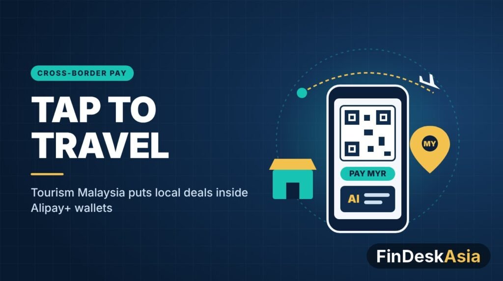 Illustration of a phone showing a QR code and AI travel assistant, with a Malaysia map pin and a small shop